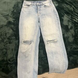 High waste/Stretch Blue Ripped Straight Leg Jeans